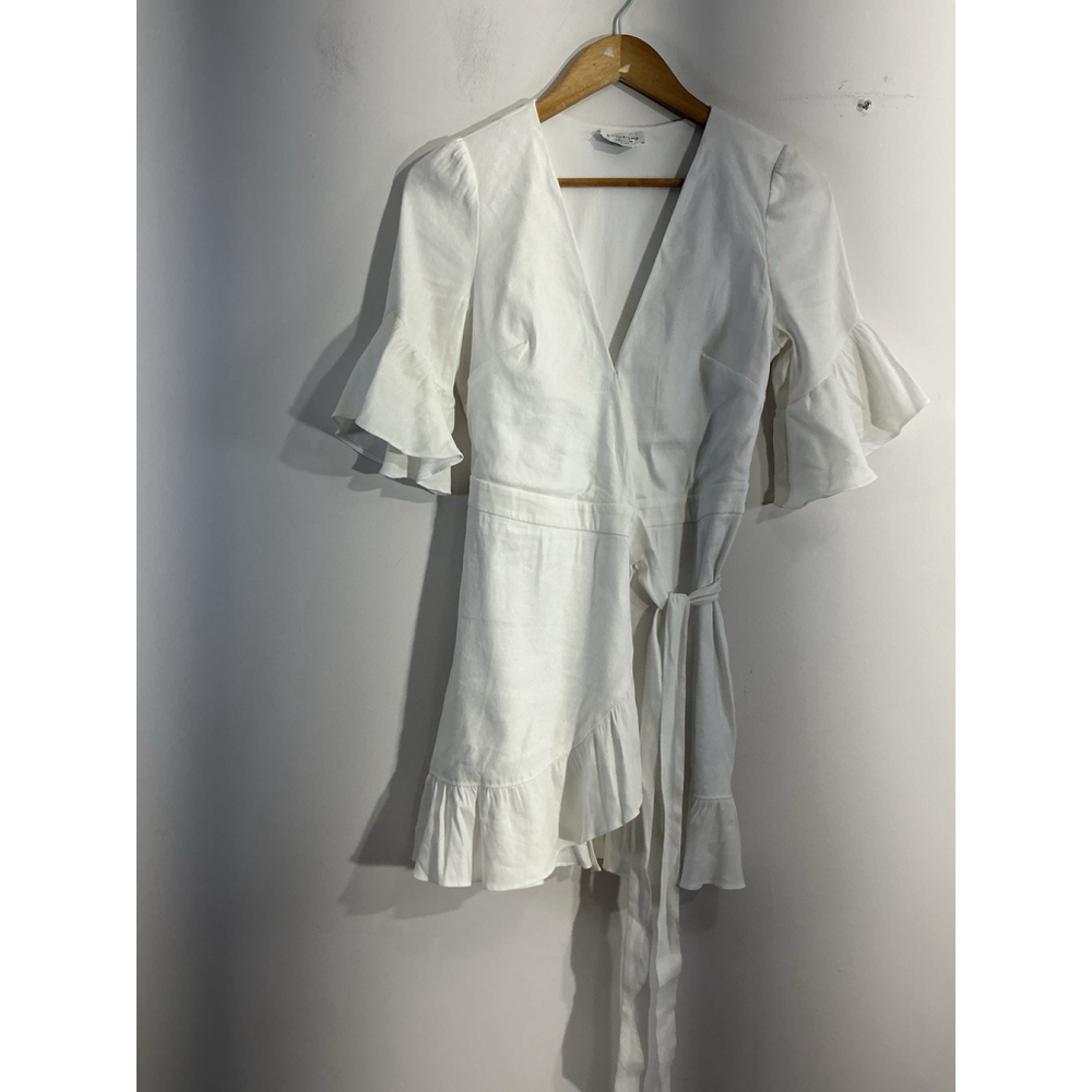 Womans Bebe XS White Lined V Neck Ruffles Bell Sleeve Wrap Dress